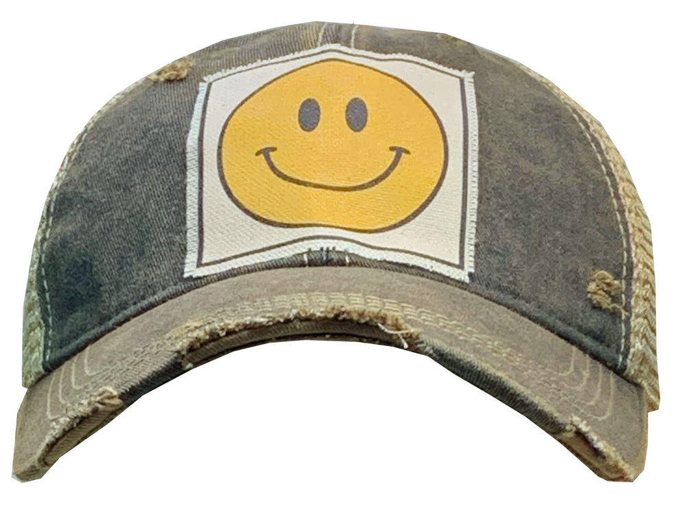 "Happy Face"  Distressed Trucker Cap