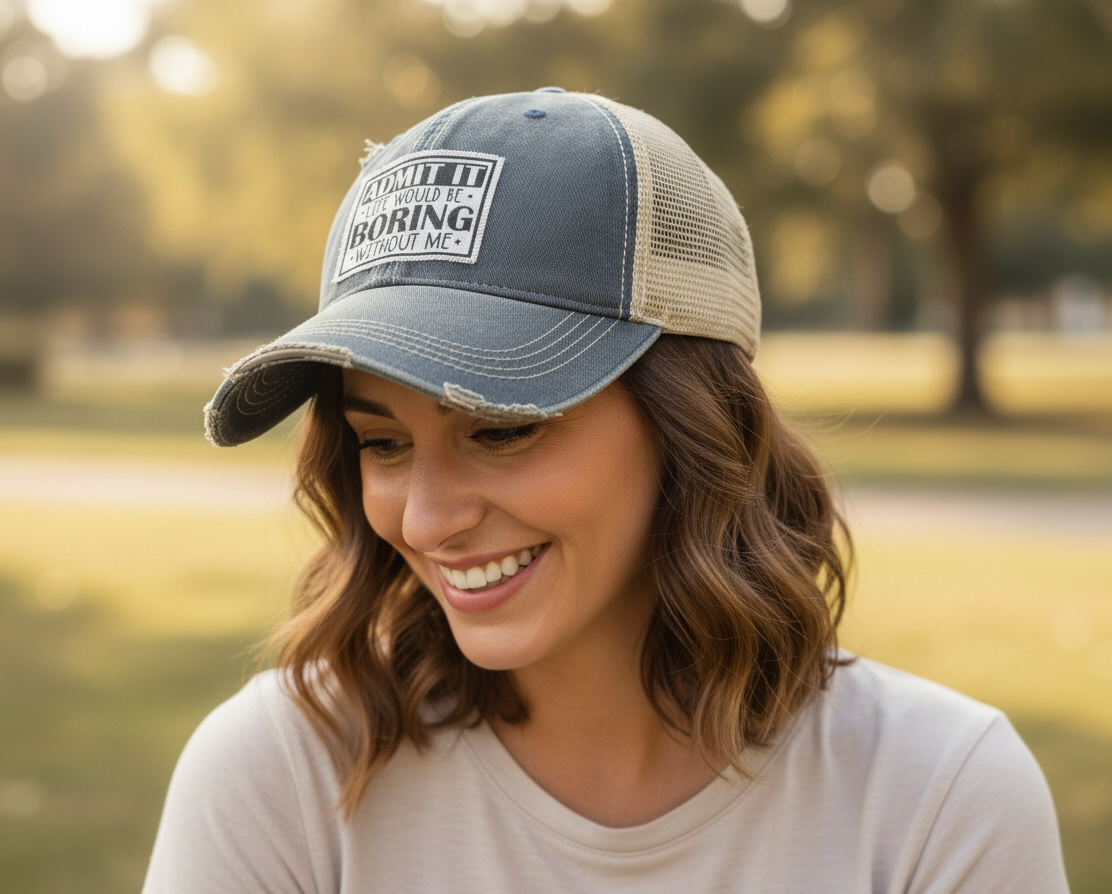 "Admit It Life Would Be Boring Without Me"  Distressed Trucker Cap