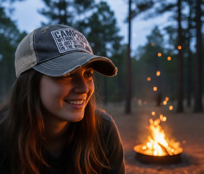 "Camping Without Alcohol Is Just Sitting In The Woods" Distressed Trucker Cap