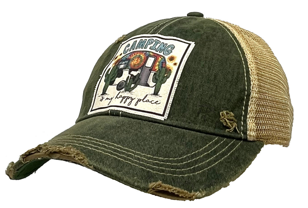 "Camping Is My Happy Place" Distressed Trucker Cap