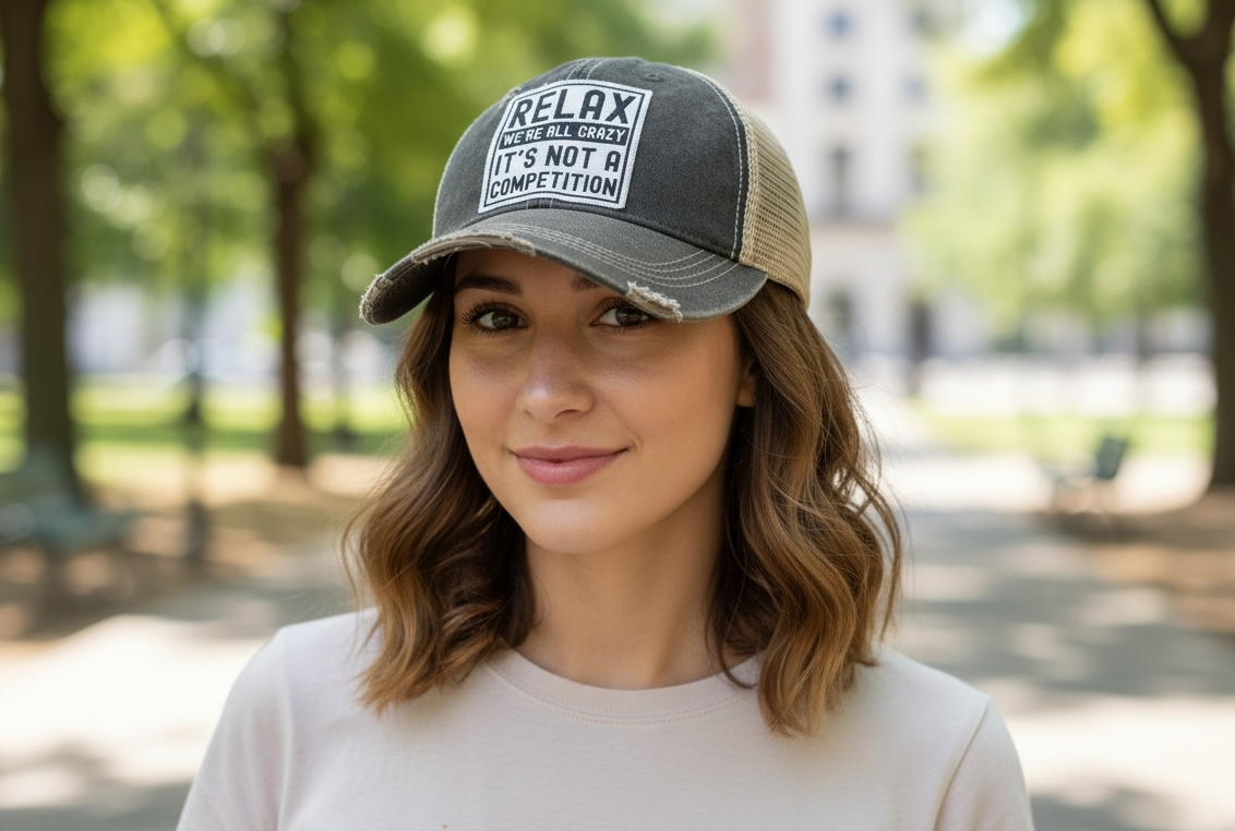 "Relax We're All Crazy It's Not A Competition" Distressed Trucker Cap