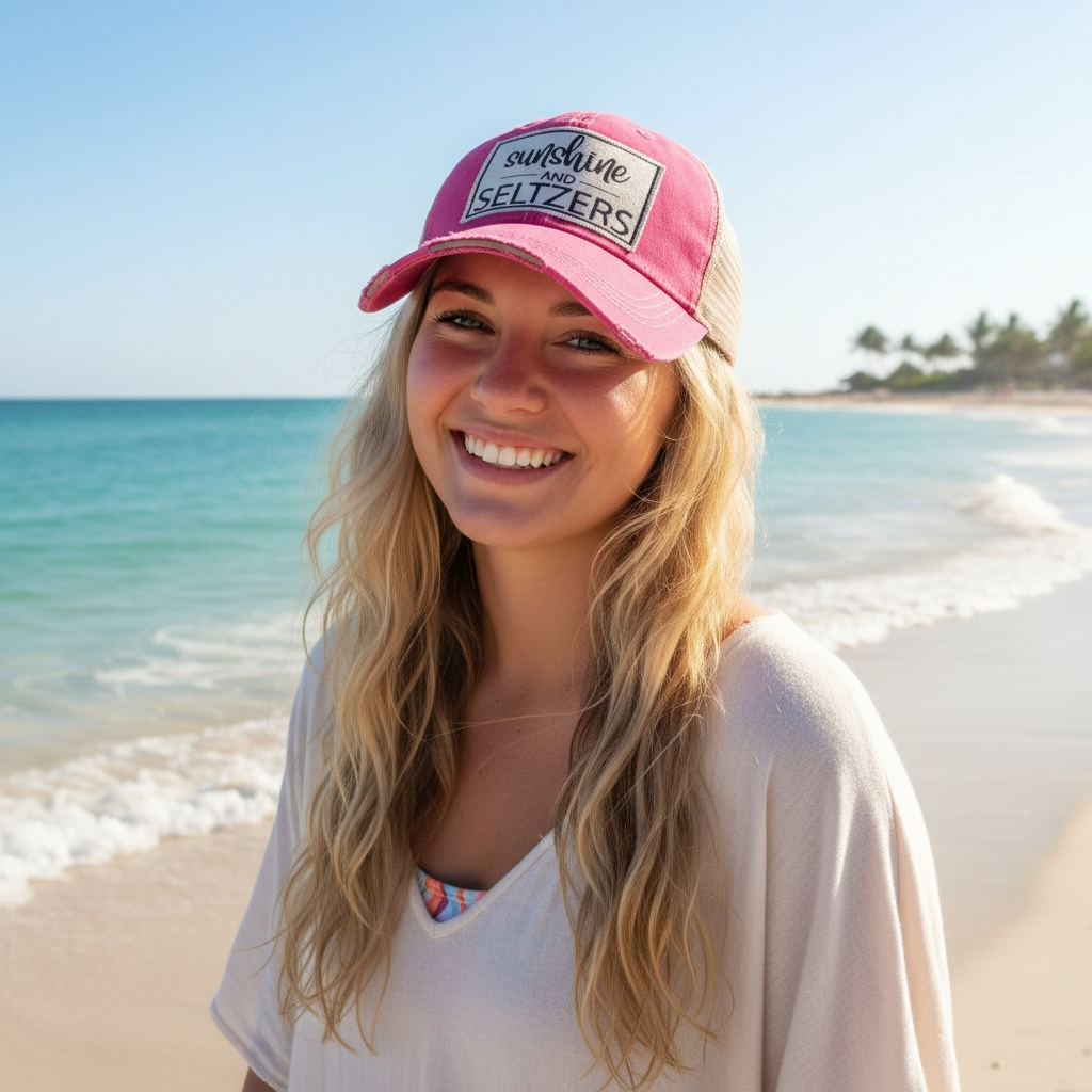 "Sunshine & Seltzers" Distressed Trucker Cap