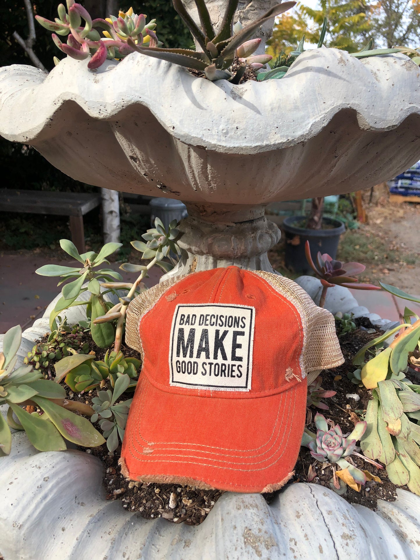 "Bad Decisions Make Good Stories" Distressed Trucker Cap