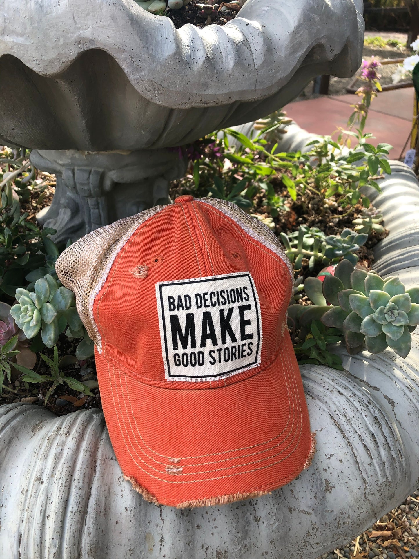 "Bad Decisions Make Good Stories" Distressed Trucker Cap