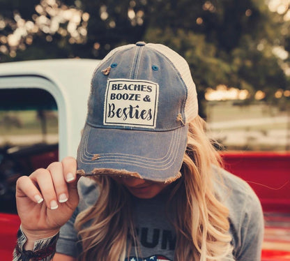 "Beaches Booze & Besties" Distressed Trucker Cap