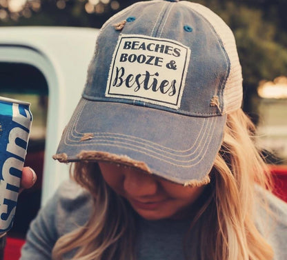 "Beaches Booze & Besties" Distressed Trucker Cap