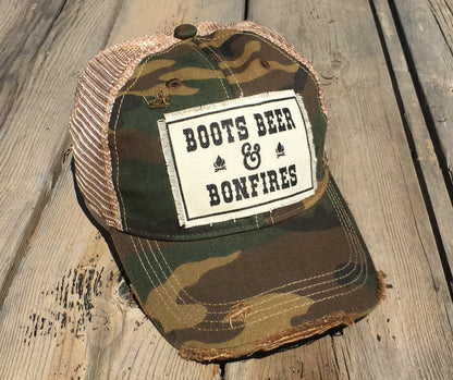 "Boots Beer & Bonfires" Distressed Trucker Cap