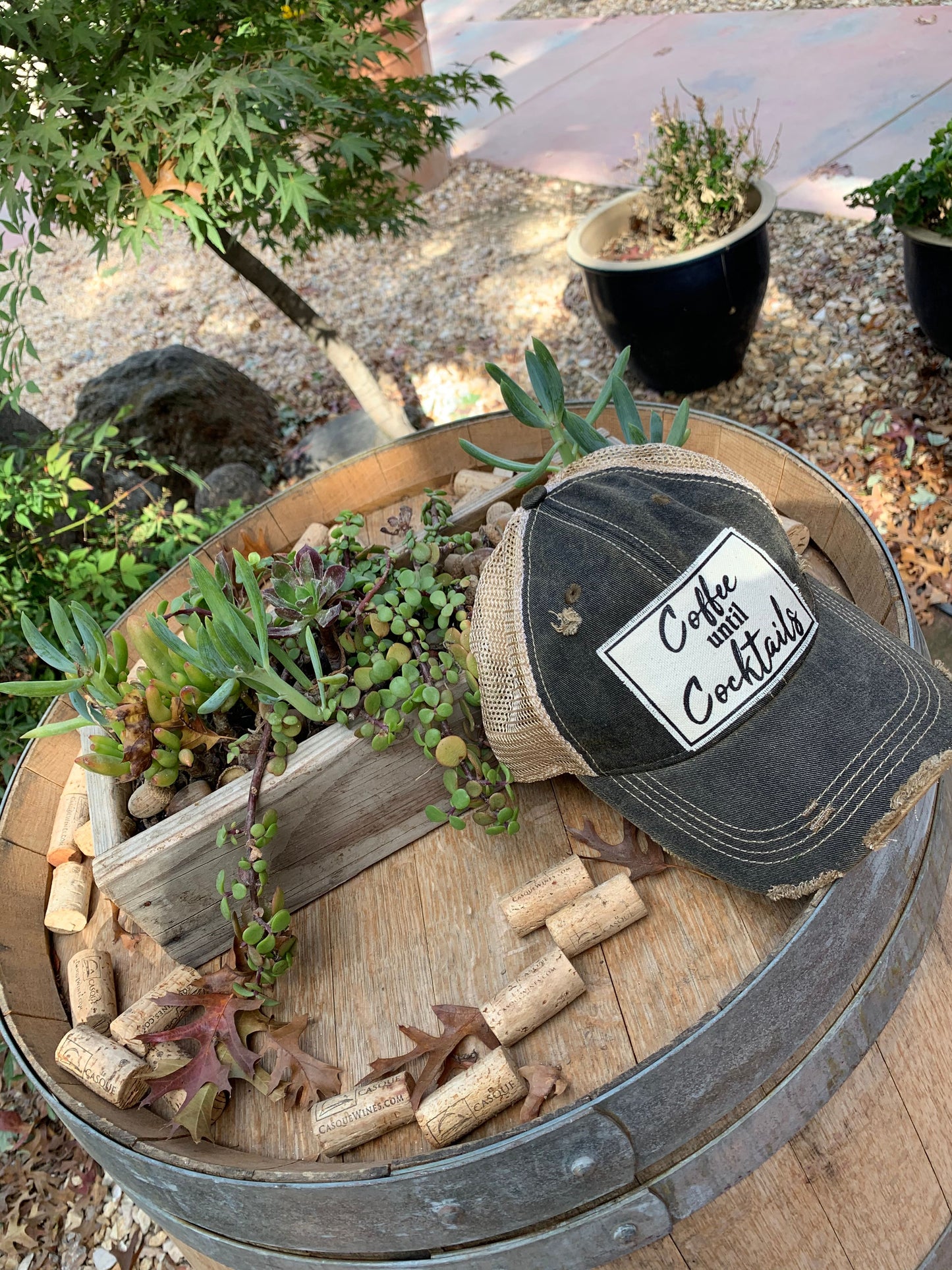 "Coffee until Cocktails" Distressed Trucker Cap