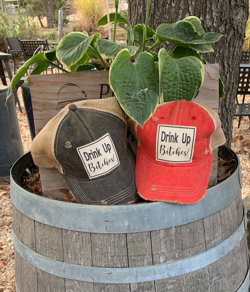 "Drink Up Bitches" Distressed Trucker Cap