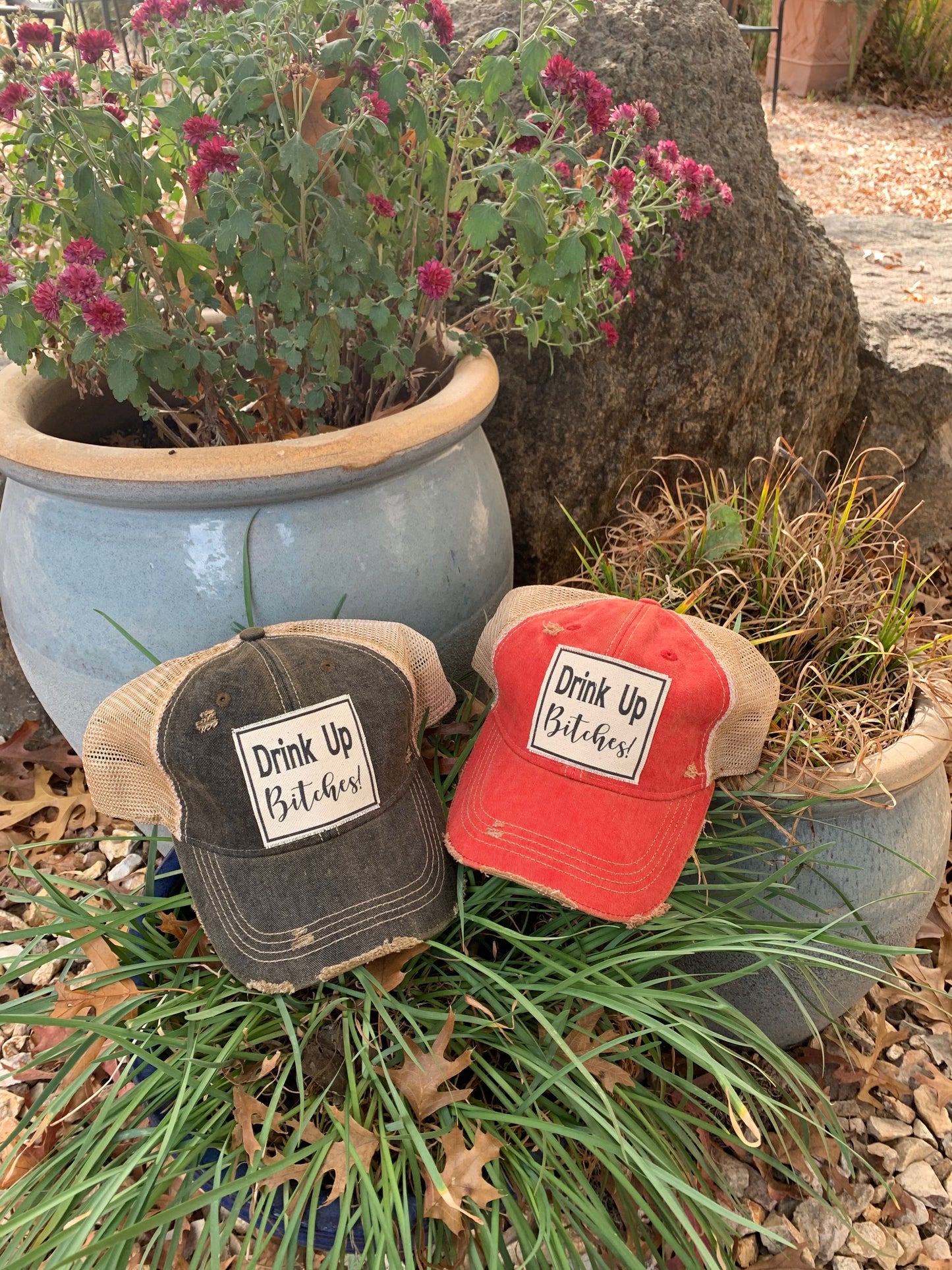 "Drink Up Bitches" Distressed Trucker Cap