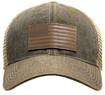 "American Flag USA" Black Vintage Trucker Cap Leather Patch