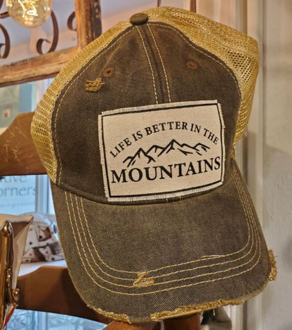 "Life Is Better In The Mountains"" Distressed Trucker Cap