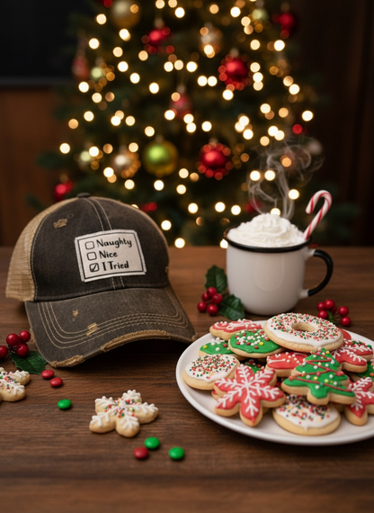 "Naughty, Nice, I Tried" Distressed Trucker Cap