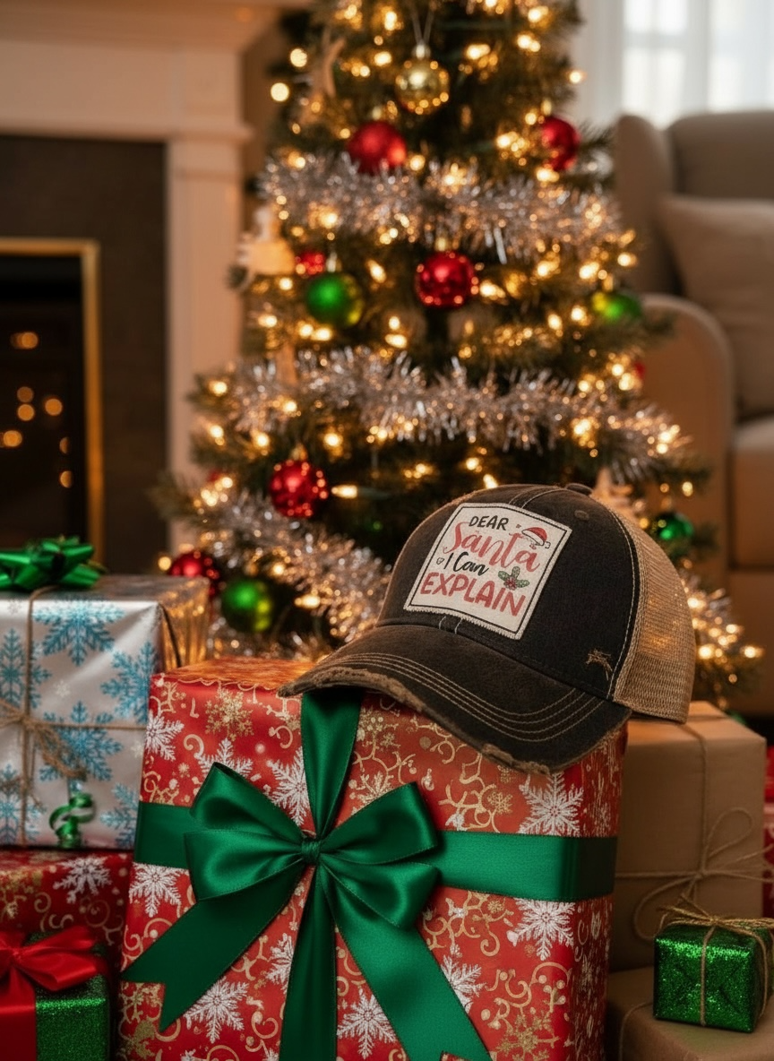 "Dear Santa I Can Explain" Distressed Trucker Cap
