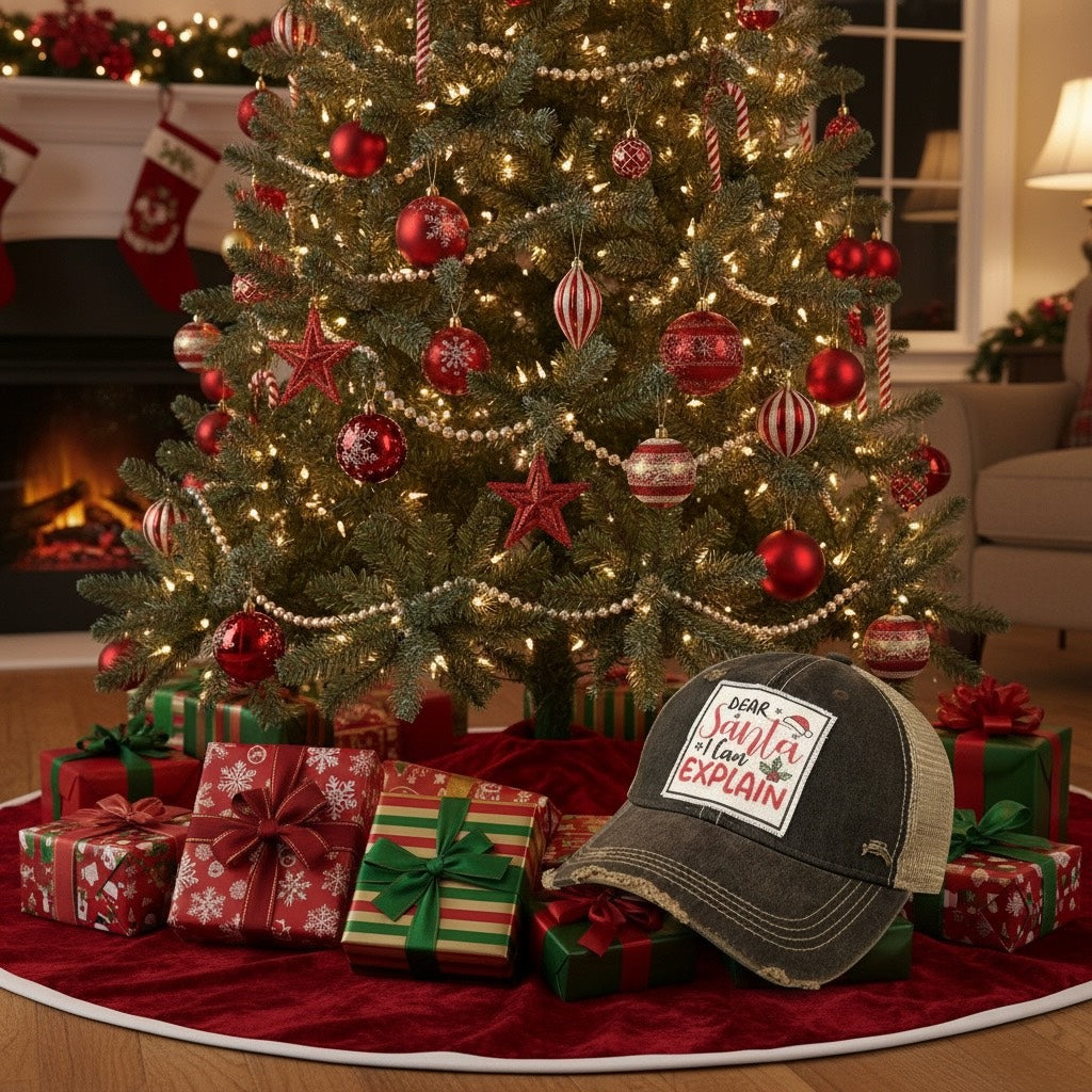 "Dear Santa I Can Explain" Distressed Trucker Cap