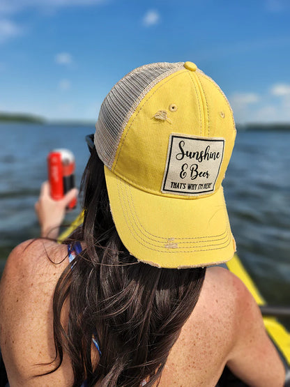 "Sunshine & Beer That's Why I'm Here" Distressed Trucker Cap