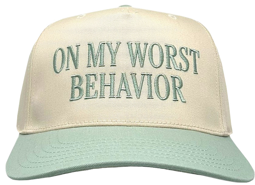 "On My Worst Behavior" Sage green Two Tone Five Panel Cap
