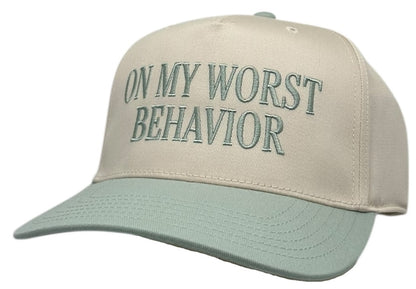 "On My Worst Behavior" Sage green Two Tone Five Panel Cap