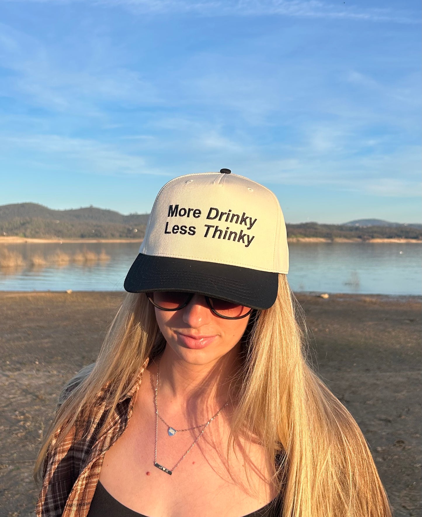 "More Drinky Less Thinky" Black Two Tone Five Panel Cap