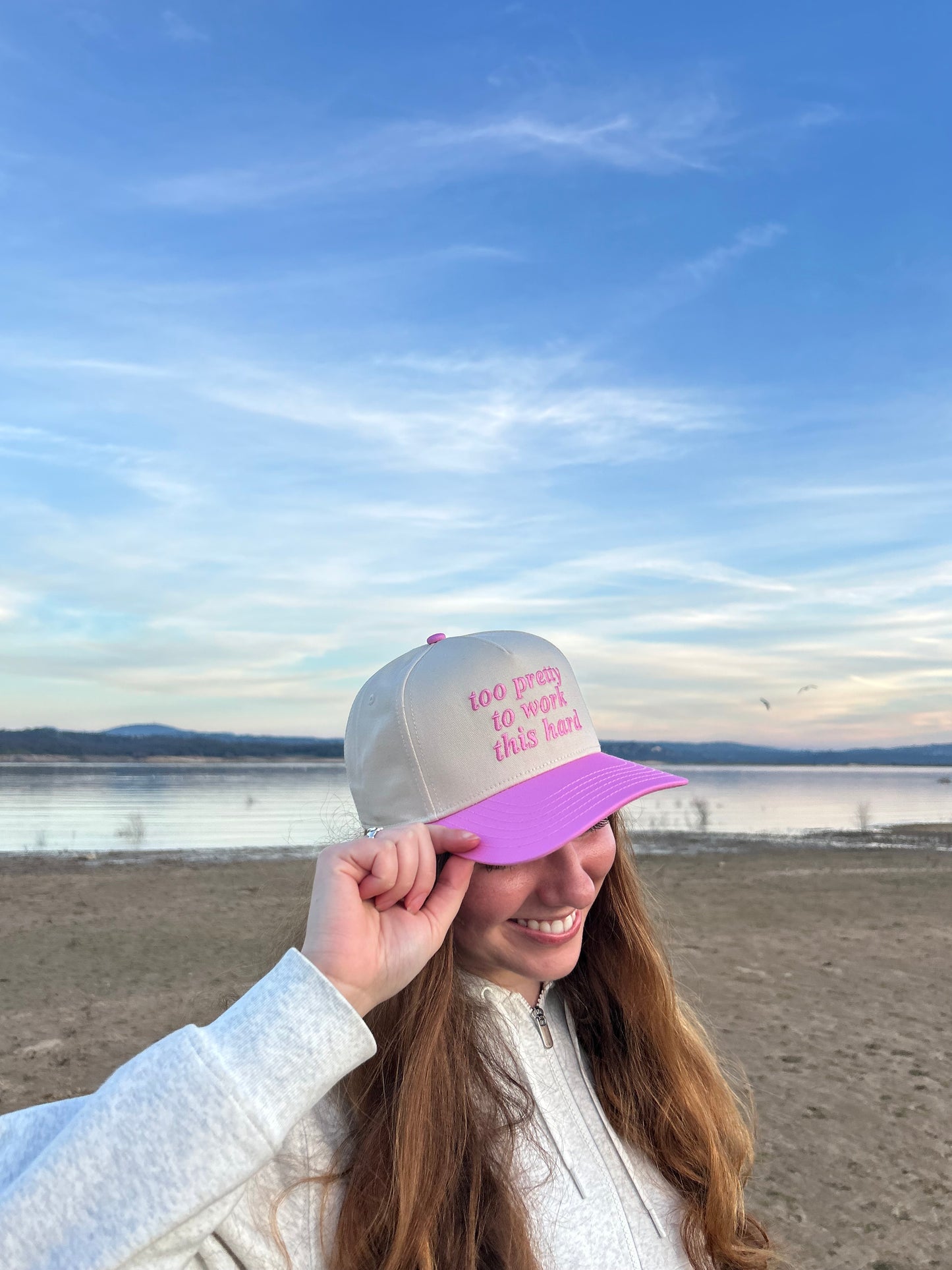 "Too Pretty to Work this Hard " Light pink Two Tone Five Panel Cap