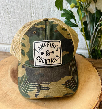 "Campfires & Cocktails" Distressed Trucker Cap