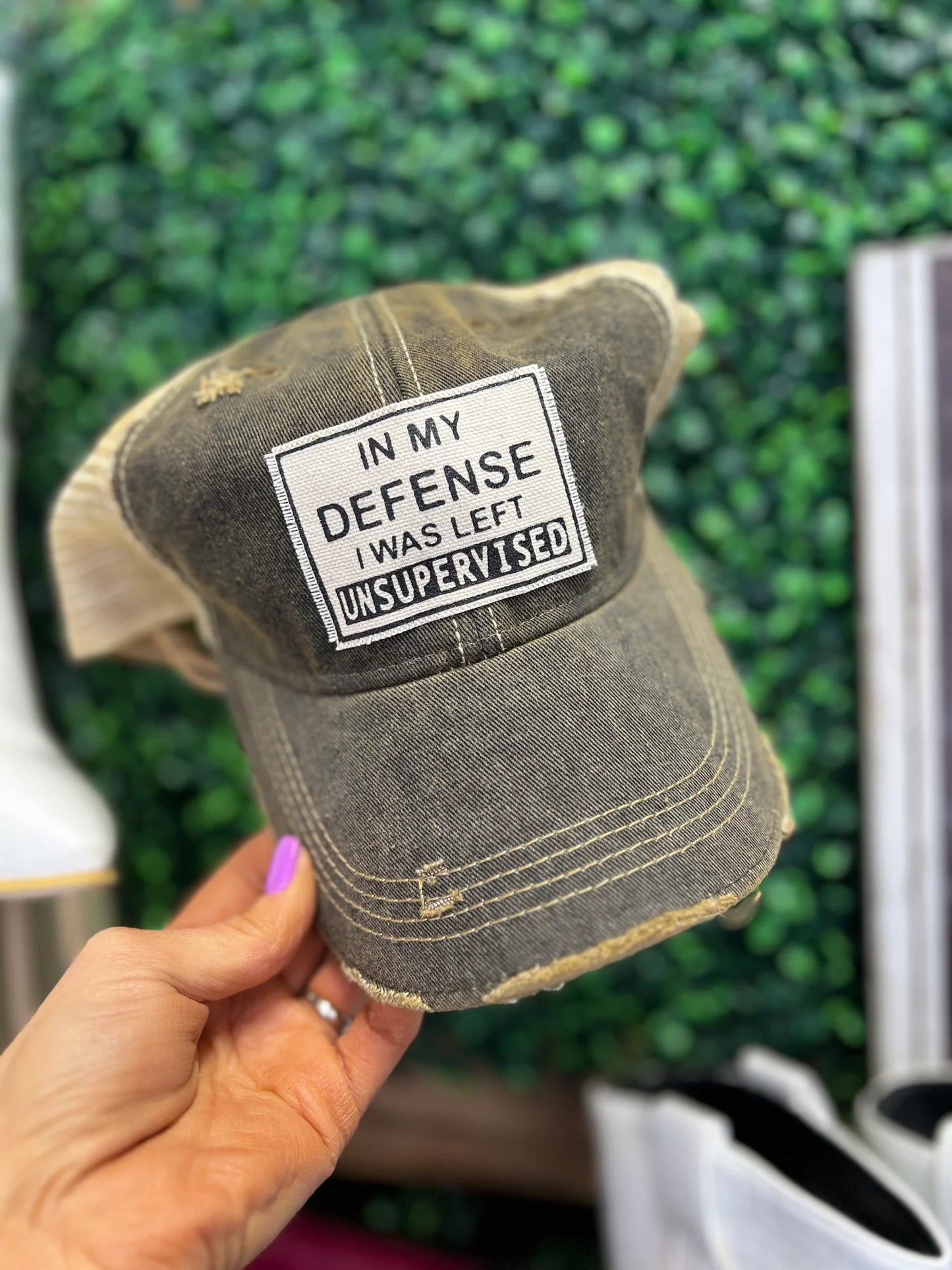 "In My Defense I Was Left Unsupervised"  Distressed Trucker Cap