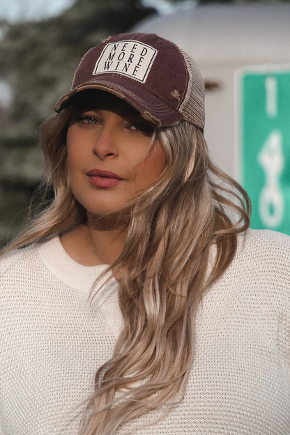 "Need More Wine" Distressed Trucker Cap
