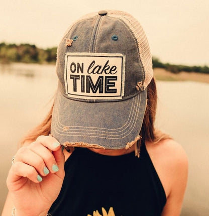 "On Lake Time" Distressed Trucker Cap
