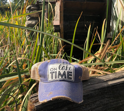 "On Lake Time" Distressed Trucker Cap