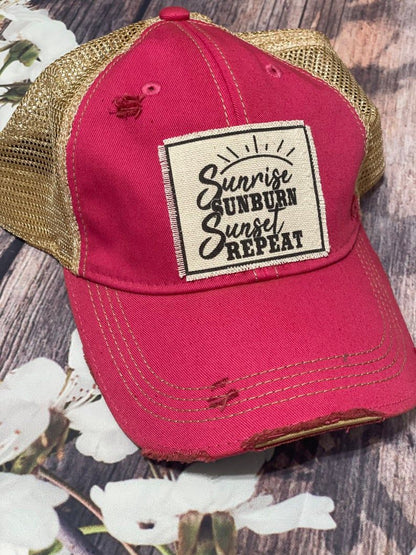 "Sunrise Sunburn Sunset Repeat" Distressed Trucker Cap