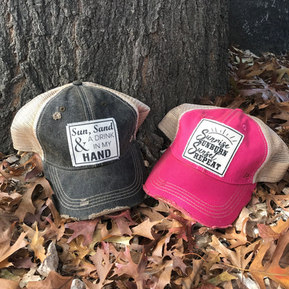 "Sunrise Sunburn Sunset Repeat" Distressed Trucker Cap