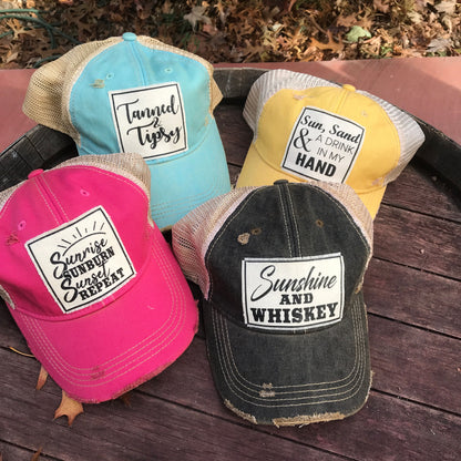 "Sunrise Sunburn Sunset Repeat" Distressed Trucker Cap