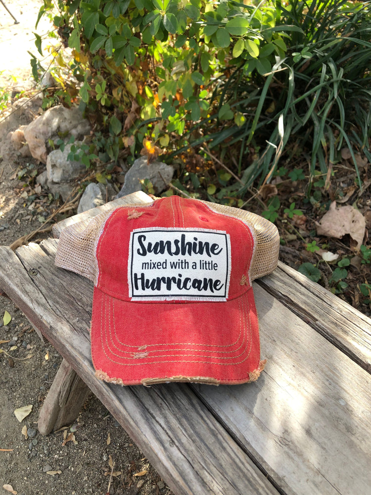 "Sunshine With A Little Hurricane" Distressed Trucker Cap