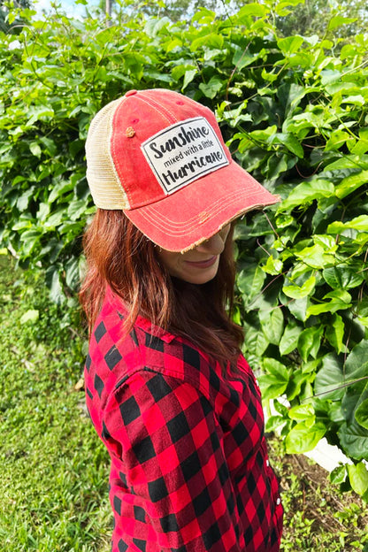 "Sunshine With A Little Hurricane" Distressed Trucker Cap