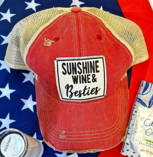 "Sunshine Wine & Besties" Distressed Trucker Cap