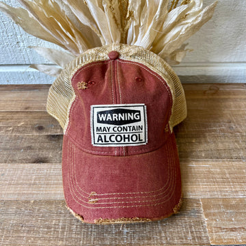 "Warning May Contain Alcohol" Distressed Trucker Cap