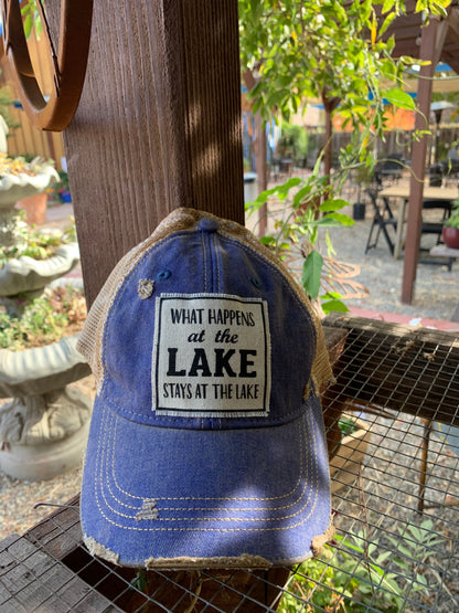 "What Happens At The Lake Stays At The Lake" Distressed Trucker Cap