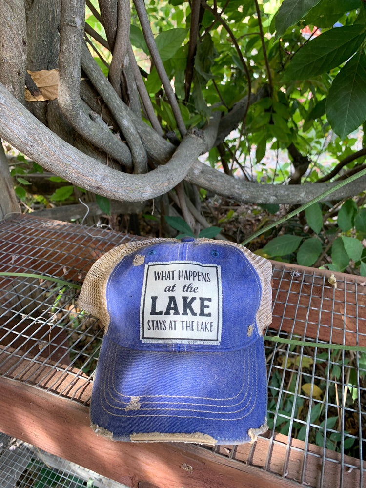 "What Happens At The Lake Stays At The Lake" Distressed Trucker Cap