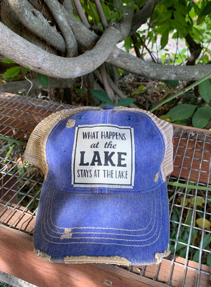 "What Happens At The Lake Stays At The Lake" Distressed Trucker Cap