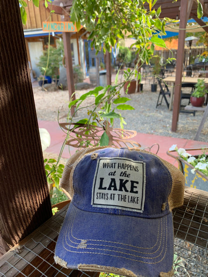 "What Happens At The Lake Stays At The Lake" Distressed Trucker Cap