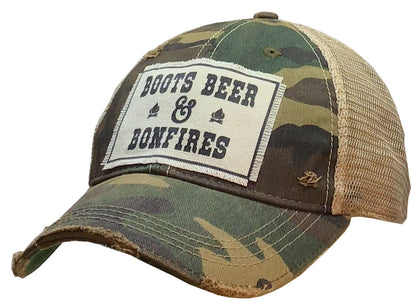 "Boots Beer & Bonfires" Distressed Trucker Cap