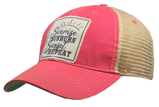 "Sunrise Sunburn Sunset Repeat" Distressed Trucker Cap