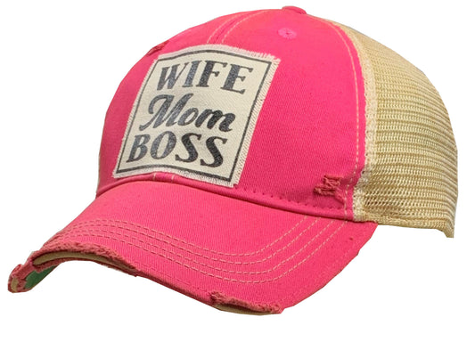 "Wife Mom Boss" Distressed Trucker Cap