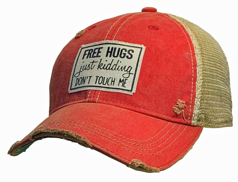 "Free Hugs Just Kidding Don't Touch Me" Distressed Trucker Cap