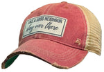 "Like A Good Neighbor Stay Over There" Distressed Trucker Cap