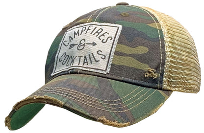 "Campfires & Cocktails" Distressed Trucker Cap