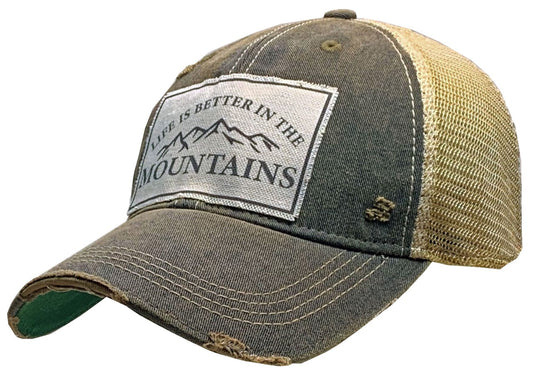 "Life Is Better In The Mountains"" Distressed Trucker Cap